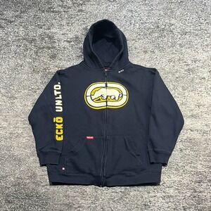 Ecko UNLTD Zip Up Hoodie Mens Large Navy Blue Rhino Logo Skater Vintage Y2K